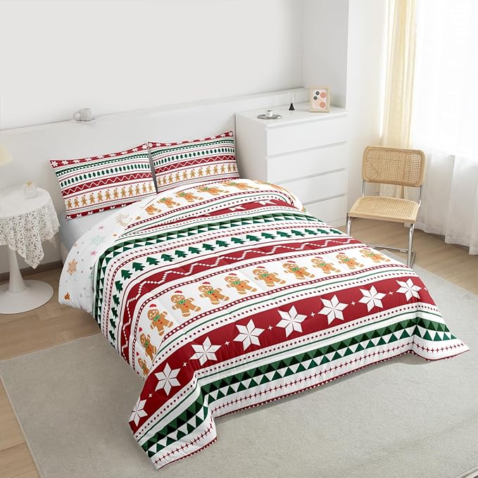 Feelyou Merry Christmas Bedding Set Soft for Boys Girls, Gingerbread Man Comforter Set Queen Size Duvet Quilt Microfiber Striped Bedroom Decor 3 Pcs with 2 Pillow Cases