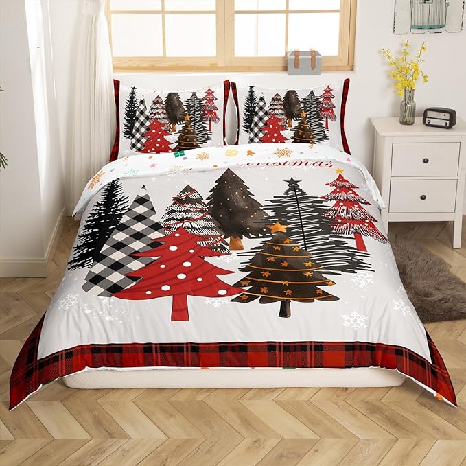 Merry Christmas Duvet Cover Set Queen Size,Xmas Tree Winter Snowflake Cabin Rustic Bedding Set,Boys Girls Room Decor,Geometric Grids Patch Comforter Cover,Grey Quilt Cover,2 Pillowcases,No Comforter