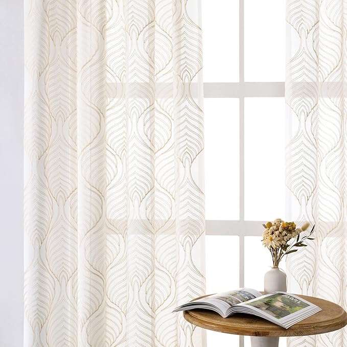 VISIONTEX Sheer Curtains 72 Inches Long 2 Panels Set Beige Moroccan Embroidery Texture Geometric Rod Pocket Ivory White Voile Tulle Semi Window Treatment Pair for Bedroom Living Room 54 x 72 Inches
