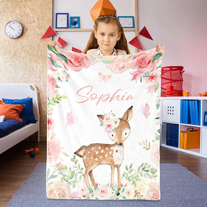 Personalized Deer Baby Blanket for Girl, Custom Name Blanket for Newborn Girl, Soft Flannel Toddler Blanket Customized Gift for Birthday Christmas Baby Shower 60" X 80"