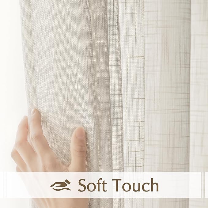 FMFUNCTEX Linen Semi Sheer Natural Curtains for Bedroom Living Room, Beige Curtain Panels 84 Inches Long Sheer Linen Textured Window Drapes Farmhouse Light Filtering 2 Panels Rod Pocket
