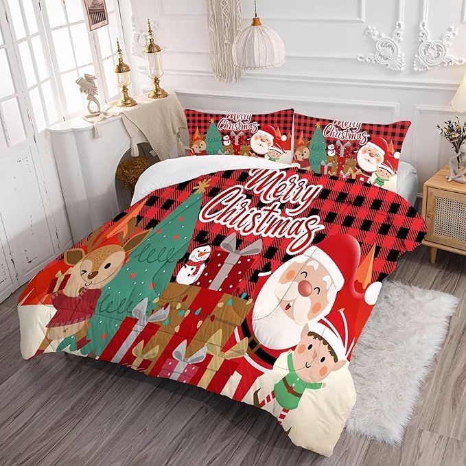 Christmas Comforter Set Full Size Red Plaid Bedding Sets Xmas Gift Christmas Themed Festival Winter Quilt Set,1 Comforter + 2 Pillow Cases