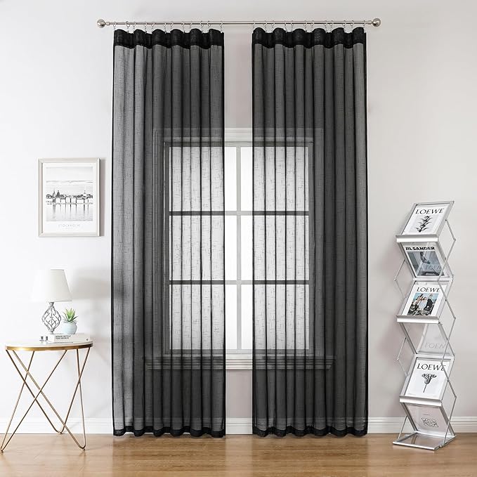 Black Linen Look Sheer Curtains 102 Inches Long 2 Panels, Rustic Textured Light Filtering Drapes, Dark Moody Window Decor, Floor to Ceiling Pinch Pleat Curtain with Hooks