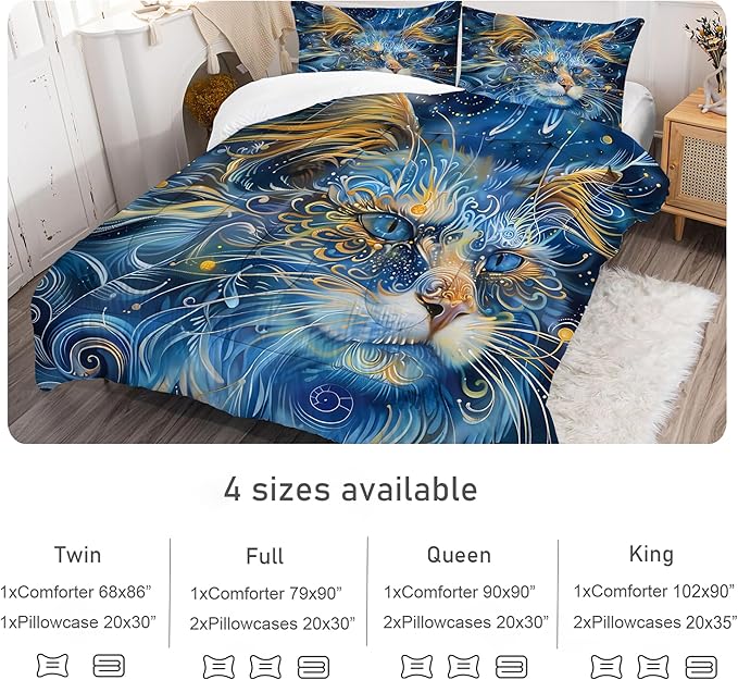 Cat Comforter Set Queen: Blue Maine Coon Bedding Set Mysterious Exotic Kitten Quilts for Women Men Tween Adults Ethnic Pet Bed Set 3 Piece with 1 Comforter & 2 Pillowcases