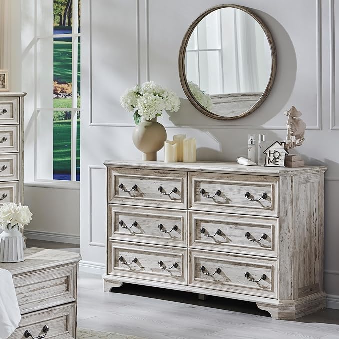 T4TREAM Farmhouse 6 Drawers Dresser for Bedroom, 54" Wide Wood Rustic Chest of Drawers with Natural Texture, Vintage Design, Storage Dressers Organizer for Bedroom, Living Room, Distressed White