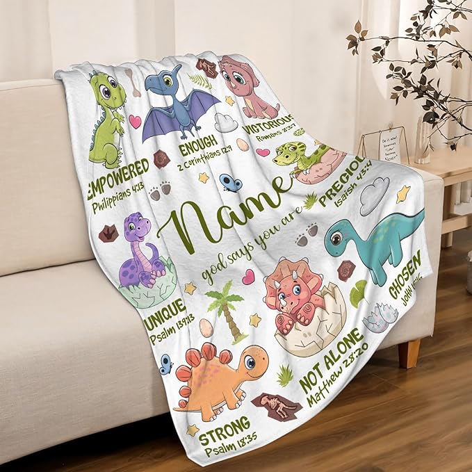 Personalized Dinosaur Blanket,Custom Dinosaur Gifts for Kids Boys,God Says I Am Themed Blanket,Meaningful Thoughtful Religious Baptism Christian Gifts,Bible Verse Quilt with Name, 30"x40"