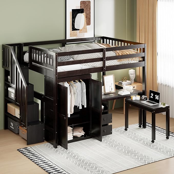 Merax Kids Full Multifunction Loft Bed with Desk/Wardrobe, Wood Storage Loft Bed with Staircase, Bookshelf & Drawers, No Box Spring Needed, Space Saving, Espresso