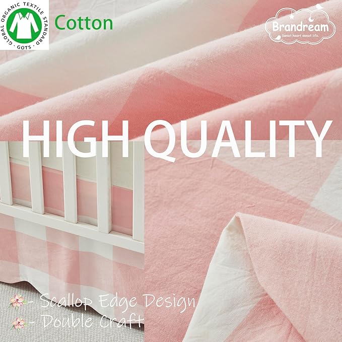 Brandream Scallop Edge Cotton Crib Skirt, Baby Boy Girl Gender Neutral Crib Skirt Toddler Bedskirt Farmhouse Chic Nursery Crib Bed Skirt, Boho Bohemian Light Pink Plaid Gingham