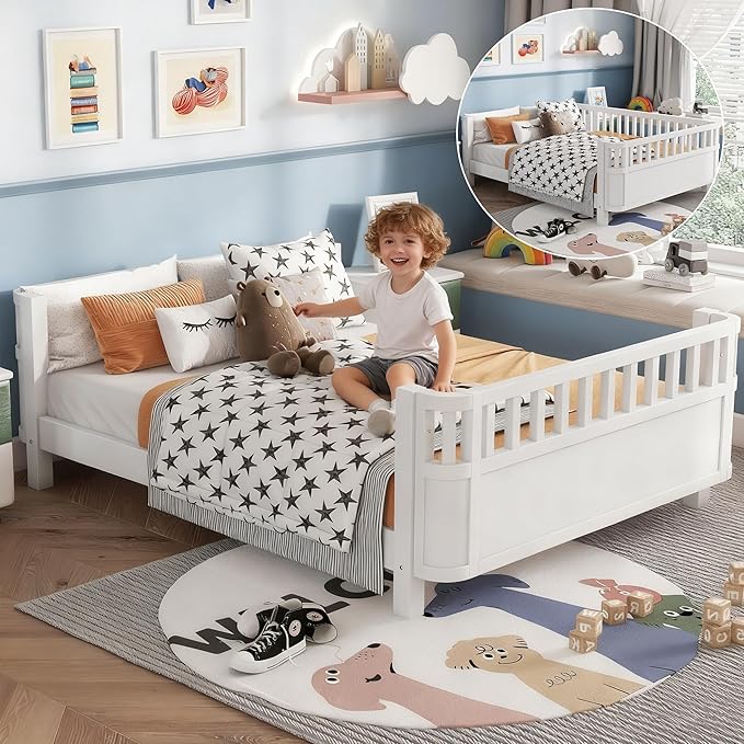 Full Kids Floor Bed Frame with Rails, Wood Low Montessori Platform Bed with Slats Support, Modern Daybed with Detachable Side Rails, Space Saving Kids Beds for Boys Girls Bedroom, White