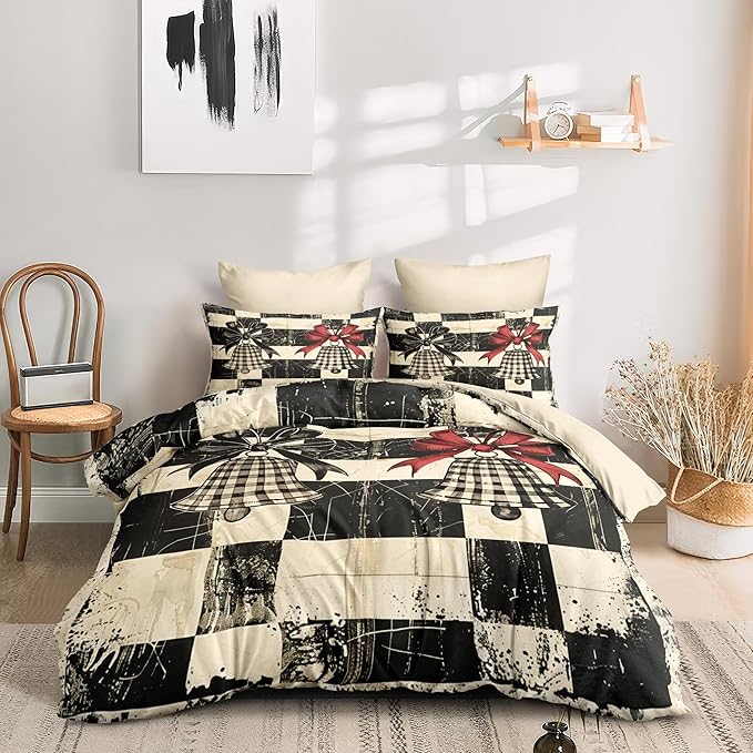 Christmas Duvet Cover Queen Size Retro Christmas Bell Gingham Bedding Set 3 Pcs Kids Boys Girls Xmas Happy Holiday Checked Pattern Comforter Cover with Zipper Closure (No Comforter)