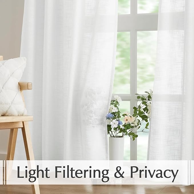 FMFUNCTEX Linen Semi Sheer White Curtains for Bedroom Living Room, Curtain Panels 63 Inch Length Sheer Linen Textured Window Drapes Farmhouse Light Filtering 2 Panels Rod Pocket