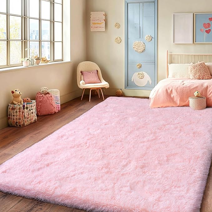 Pink Rug for Living Room, 6x9 Area Rug for Cute Girls Room, Bedside Indoor Floor Fluffy Shag Carpet, Plush Soft Rug for Bedroom Nursery Dorm Home Decor
