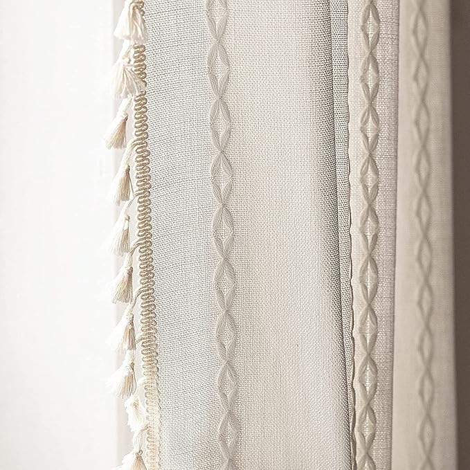 Deeprove White Boho Curtains 108 Inches Long for Bedroom Balcony Courtyard Hall Decor, Bohemian Embroidery Cream Cotton Linen French Country Window Treatment Tassel Drape, W52 x L108, 1 Panel
