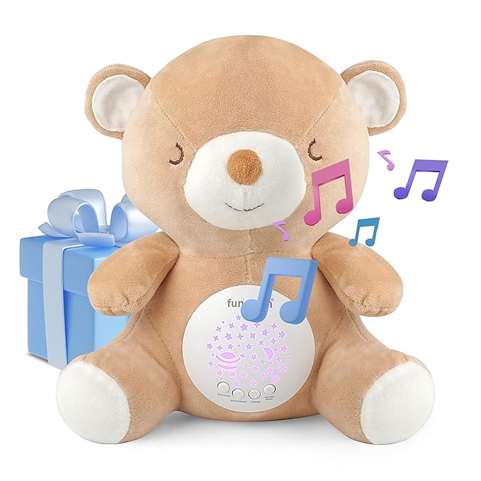 Teddy Bear Baby Soother - Sleep Soothing White Noise, Portable Night Light Projector and Melodies, Toddler Crib Lullaby Machine Sleeping Aid for Newborns and Up, Babies Stuffed Animal Plush Toy