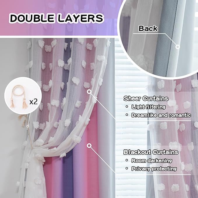 MYSKY HOME Pink Purple Curtains for Girls Bedroom - 54 Inch Long White Pom Pom Sheer Small Double Layer Grommet Room Darkening Nursery Curtains, 52 X 54 in