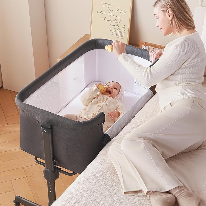 Larex Baby Bassinet, 3 in 1 Bassinets Bedside Sleeper for Newborn, Portable Crib Adjustable 7 Height Bedside Bassinet with Mattress and Wheels Dark Grey