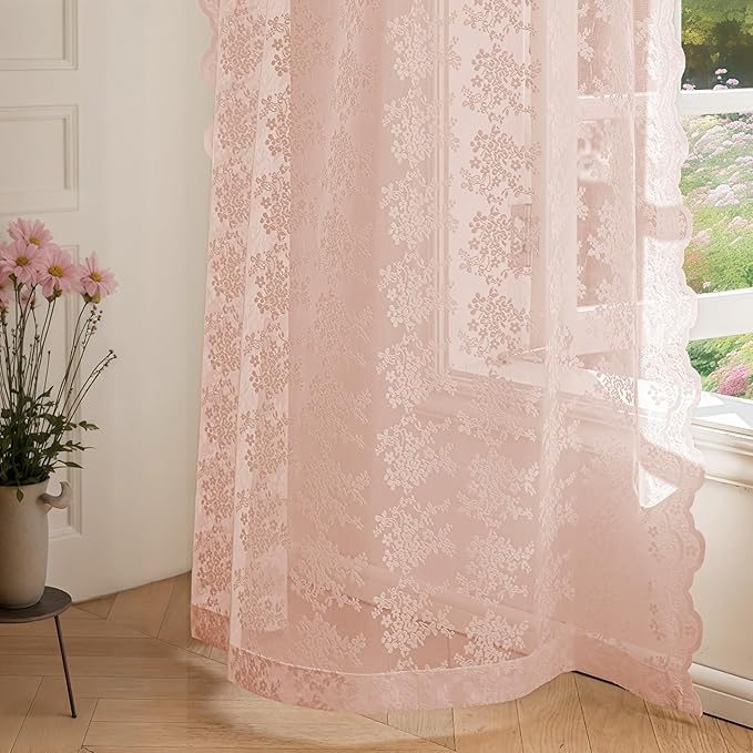 Anmao Vintage Lace Curtains 54 Inches Long 2 Panels Set, Romantic Elegant Light Filtering Semi Sheer Floral Thick Lacy Curtain Drapes for Living Room and Bedroom, Each Panel 55W x 54L, Blush Pink