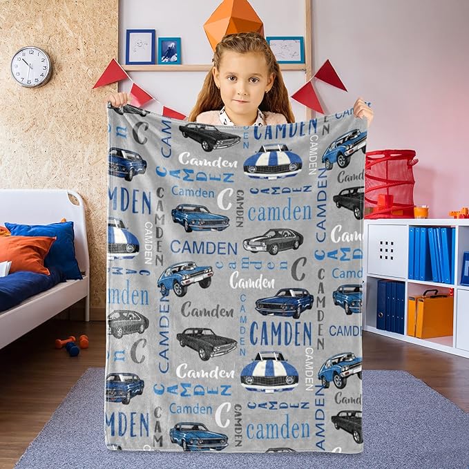 Personalized Car BlanketWith Name for Boys,Custom Name Blanket for Kids,Soft Flannel Car Toddler Blanket Customized Gift for Birthday Christmas Baby Shower Newborn Gift 60in X 80in 2-car Gray
