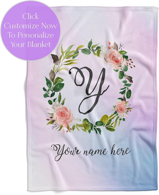 Personalized Girls Throw Blanket with Custom Name | Plush Warm Fleece for Bedding or Decorative Room Decor | Cute Kids Bed Covers | Boho Monogram Flowers (Fleece, 60x80)