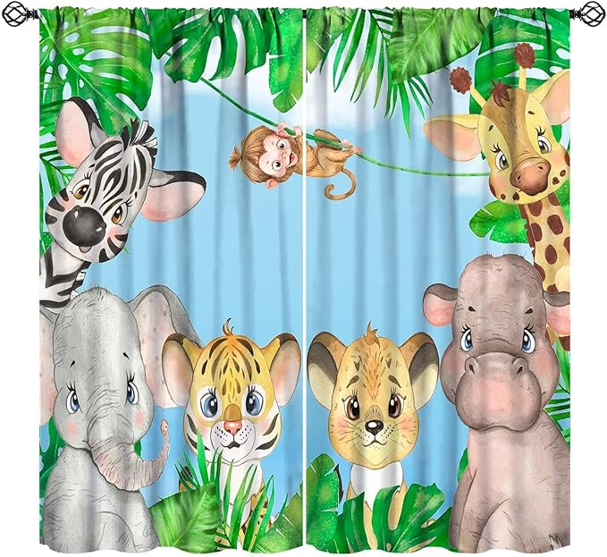 Kids Animals Blackout Curtains Watercolor Cartoon Cute Animals Green Jungle Art Printed for Children Girls Boys Bedroom Nursery Rod Pocket Decoration Window Drapes 2 Panels W21xL63in