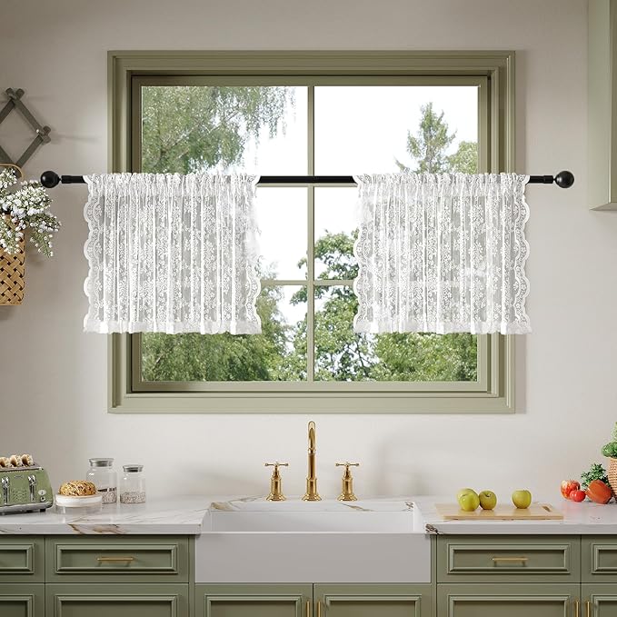 Anmao Vintage Lace Valance Kitchen Curtains 18 Inches Long 2 Panels, Semi Sheer Floral Over Sink Lacy Cafe Curtain, Elegant Window Short Small Drapes, 55W x 18L, White Plum