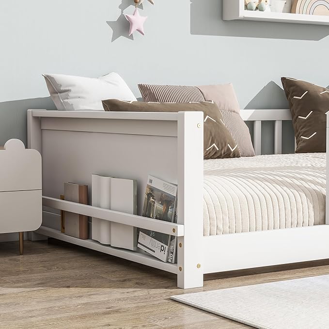 Twin Size Kids Montessori Floor Bed,Twin Floor Bed Frame with Slats and Bookcase,Solid Wood Montessori Bed for Girls Boys,White