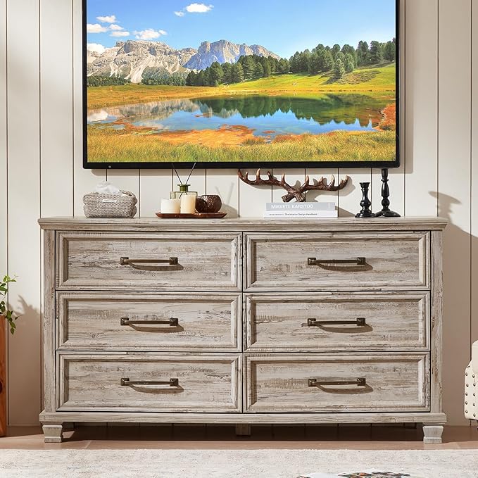 Farmhouse Bedroom Dresser and Nightstand Set of 4, 6 Drawer Low & 5 Drawers Dresser & 3 Drawer Nightstand Set with Wooden Legs, Rustic Wood Furniture for Bedroom, Hallway, Grey