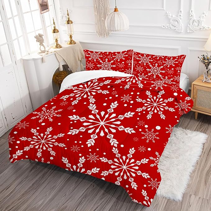 Comforter Set Christmas Snowflake: Twin Size Xmas White Snowflakes Red Bedding Sets for Kids Teen Girls Winter Snow Festival Bedroom Decor Bed Set 1 Comforter & 1 Pillowcase