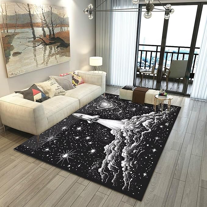 Space Rug for Kids Room Black Galaxy Rocket Rugs for Boys Bedroom Stars Carpet Planet Throw Rugs for Teens Doormat Living Room,39 in x 79 in
