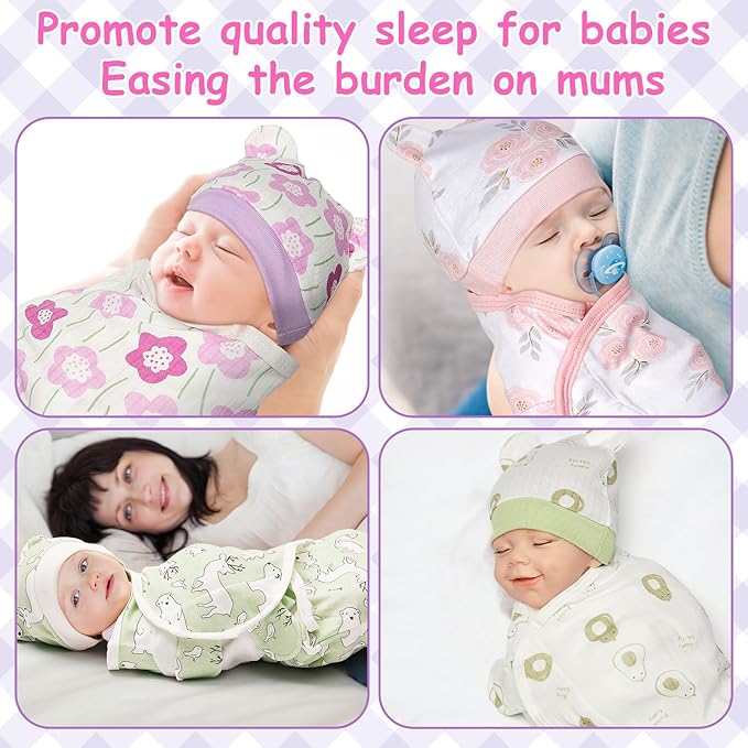 Ramede 6 Pack Preemie Swaddle Blanket with Hats Sleep Swaddle for Baby Boy Girl Preemie Newborn Sacks Soft Cotton Wearable(Flower,Pink and Green)