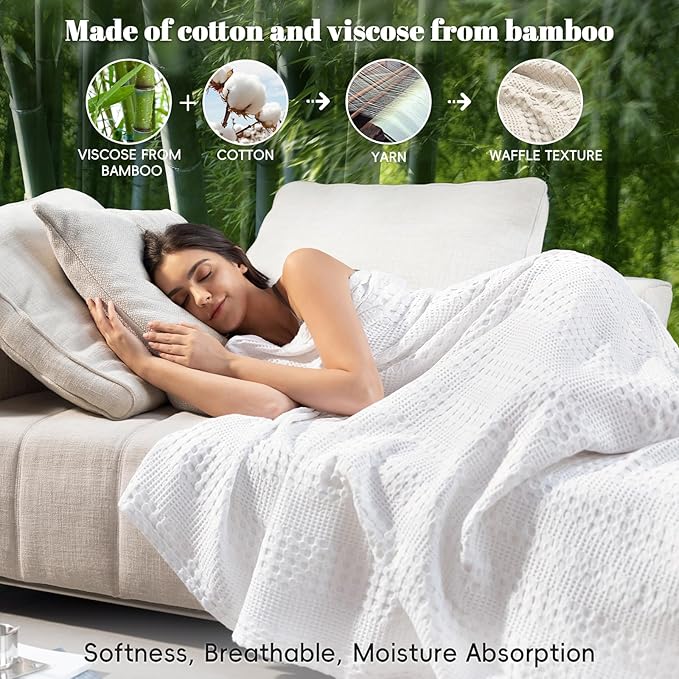 PHF Cooling Waffle Blanket California King Size, Lightweight 60% Rayon Derived from Bamboo & 40% Cotton Breathable Blanket for Hot Sleepers, Soft and Luxury for Bed Couch and Sofa, 110"x96", White