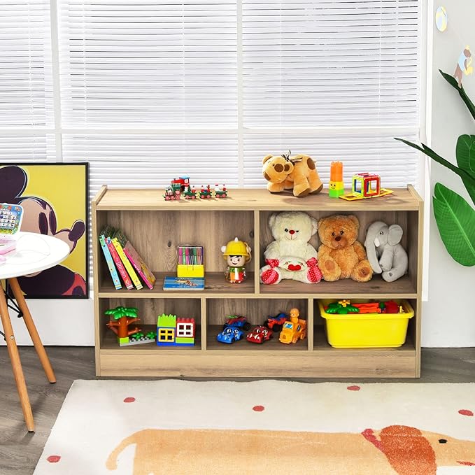 Costzon Toy Storage Organizer for Kids, 5-Section School Classroom Storage for Organizing Books Toys, Wooden Kids Bookshelf Daycare Furniture for Preschool, Playroom, Nursery, Kindergarten (Natural)