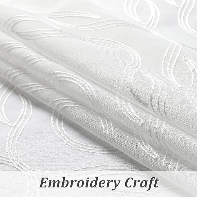 VISIONTEX Sheer Curtains 108 Inches Long 2 Panels Set, White Moroccan Embroidery Texture Geometric Rod Pocket White Voile Tulle Semi Window Treatment Pair for Bedroom, W54 x L108