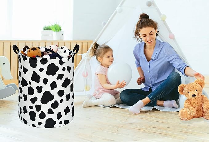 KUNRO Round Laundry Gift Basket Storage Hamper, Kids Toys and Clothes Storage Organizer Bins, Toy Shelf Basket with Handles for Room Decor (Rould Cow pattern)