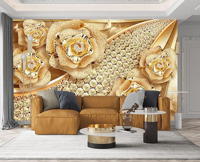 Golden Jewelry Diamond Rose Butterfly Wall Mural Wallpaper for Bedroom 137" x 100"