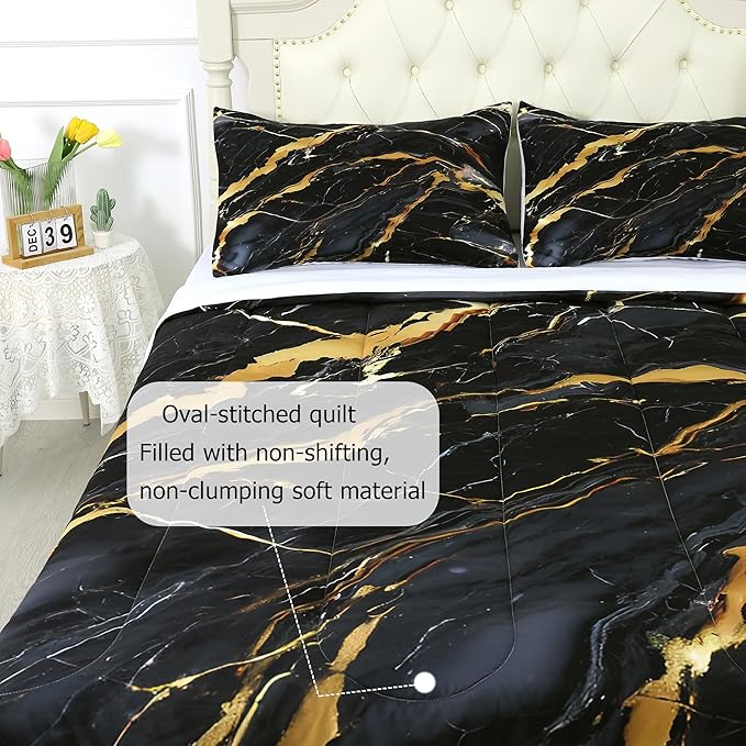 Black and Gold Comforter Set: Twin Size Black Marble Bedding Sets Abstract Marbling Quilts for Teens Kids Boys Modern Aesthetic Bed Set 1 Comforter & 1 Pillow Case