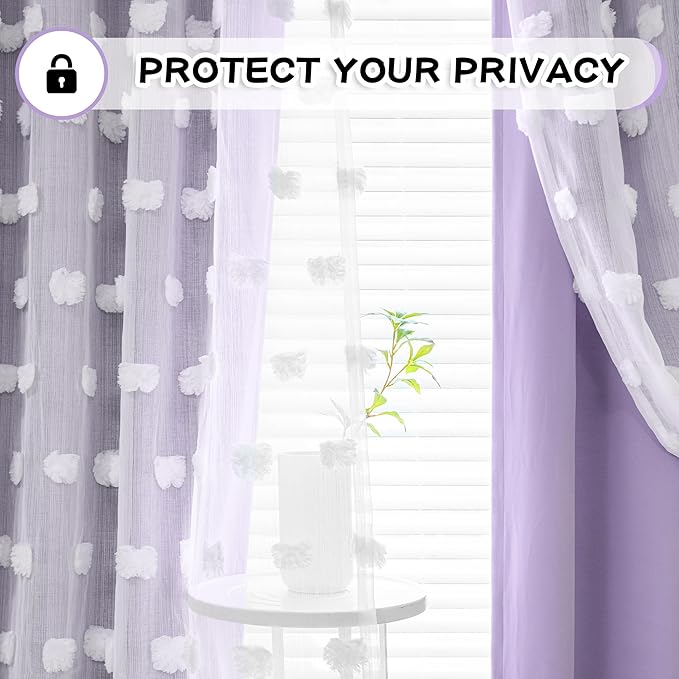 MYSKY HOME Girls Curtains for Bedroom Lilac Curtains 90 Inches Long Nursery Curtains White Pom Pom Sheer Curtains for Dining Room Grommet Double Layer Toddler Room Darkening Window Panels W52 X L90