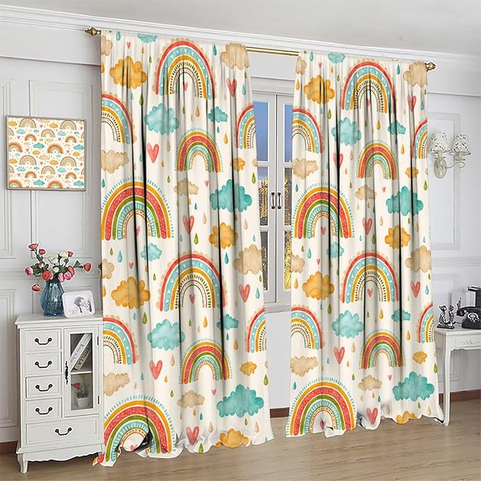 Boho Rainbow Curtains for Kids Nursery Colorful Floral Sun Star Clouds Pastel Bohemian Pattern Print Window Drapes for Girl Bedroom Living Room Kitchen Decor,2 Panel Set,42Wx54H Inch Blackout