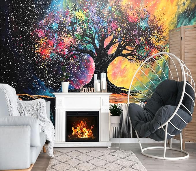 XMPMBM-Tree of Life Forest backsplash Large Decorative Wallpaper Colorful Graffiti Tree Waterfall Bedroom Bathroom Wall Mural- W 132" X H 92"（93 Square Foot）