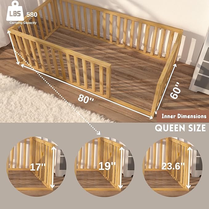 Montessori Floor Bed for Kids 60'' x 80'' Queen | Toodlers Floor Bed with Safety Guardrails | Pine Wood Baby Bed | Sturdy Wood Frame Bed for Girls and Boys (Queen, Height : 19 Inches)