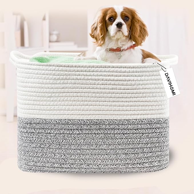 Small Woven Cotton Rope Basket for Organizing, Gift Baskets for Handles, Empty Gift Baskets, Toy Basket for bins|13.5" x 11" x 9.5" home decor for Living Room, Bathroom（White Grey）