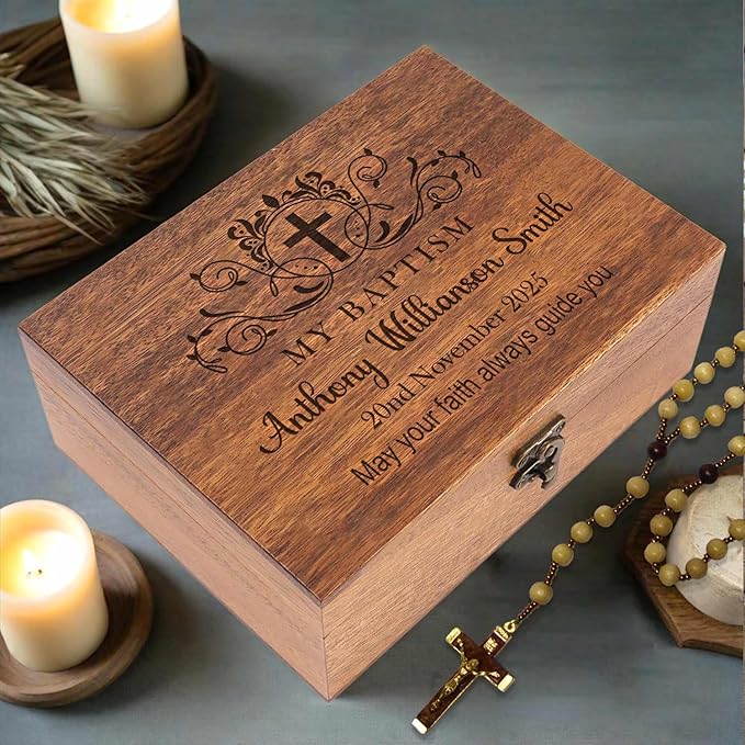 Personalized Pine/Walnut Keepsakes Baptism Gifts Wooden Box, 8 * 6 * 3 Walnut Wooden Boxes First Communion Gifts for Boys/Girls, Personalized Wood Storage Engraved Keepsake Box for Baptism