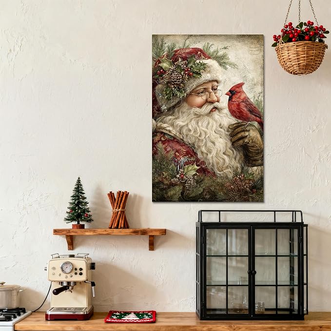 YONICA Christmas Canvas Wall Art Santa with Cardinal 18x24 Inch Vintage Style with Red Bird - Large Framed Gallery Wrapped Wildlife Art