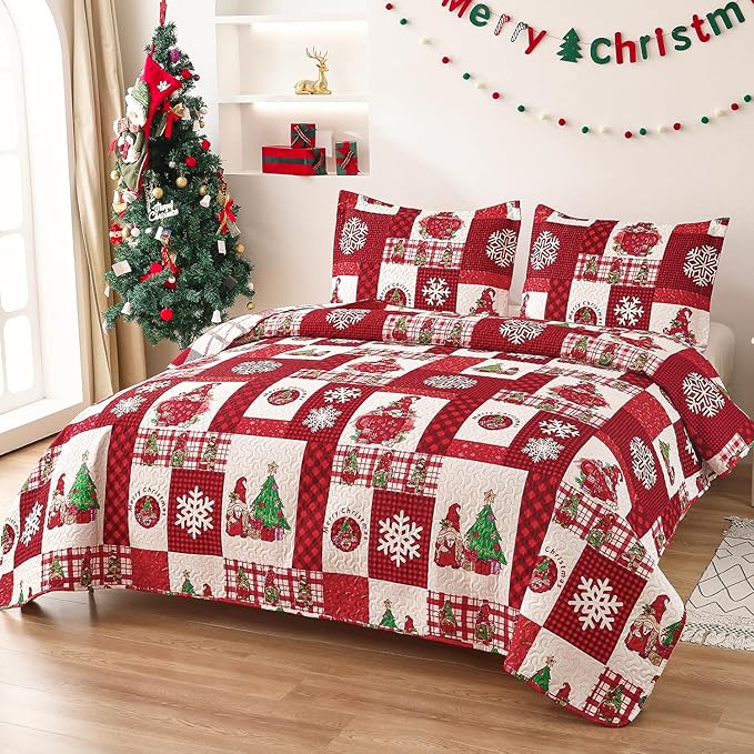Cuddle Sofia Christmas Quilt Set: Twin Size, Red Plaid Gnome Christmas Decor, Lightweight Reversible Bedspread