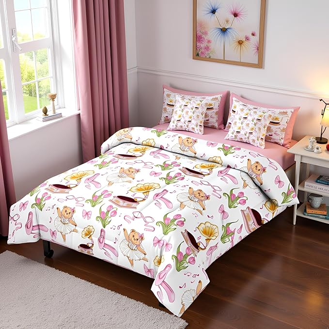 Pink Bowknot Princess Comforter King Size,Ballet Shoes Bear Dancer Cartoon 7 Pcs Bedding Set,Tulip Flower Music Note Record Decor,Bow Tie Romantic （Fitted+Sheet+2 Pillowcases+2 Throw Pillow Covers）
