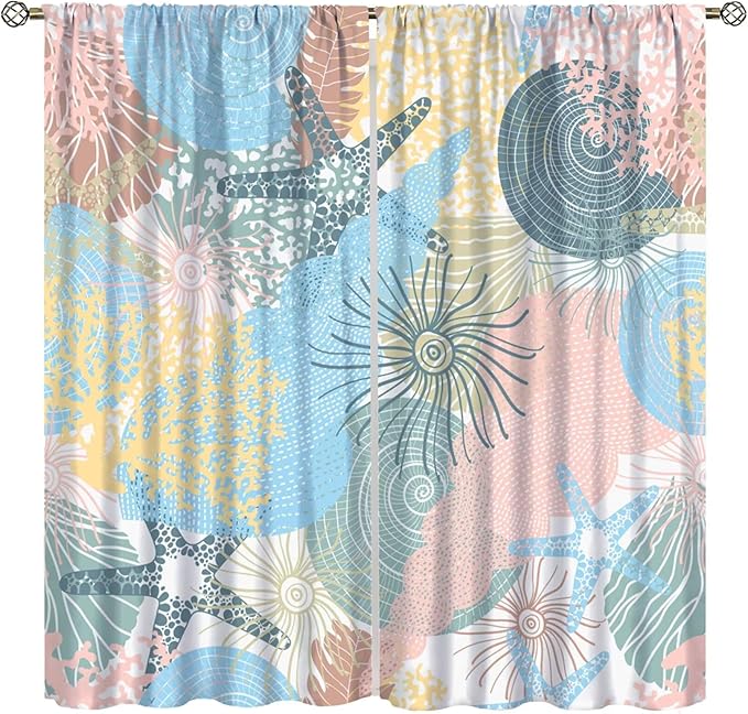 Nautical Blackout Curtain Beach Theme Starfish Seashell Nautical Rustic Ocean Sea Vintage Retro Coastal Summer Bedroom Set 2 Panels,63x63 Inches