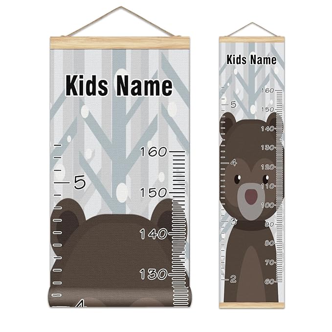 Personalized Kids Name Growth Chart Ruler for Wall Wood Frame Height Measure Chart 13.4x56 in Linen Hanging Height Growth Chart Lovely Bear Before Forest Kids Room Decor