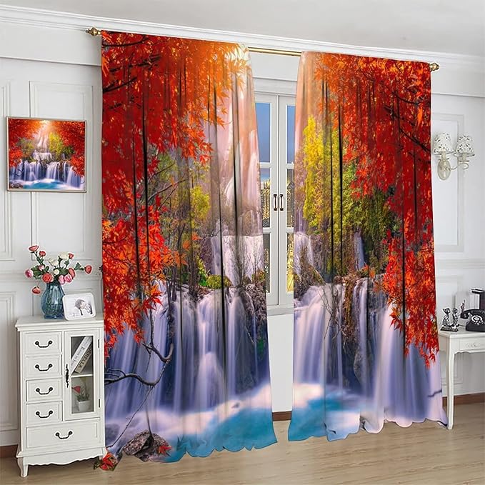 Forest Waterfall Blackout Windows Curtains, Autumn Red Green Maple Leaves Jungle Rainforest Natural Scenery Landscape Curtains, for Living Room Bedroom 42x45in 2 Panels