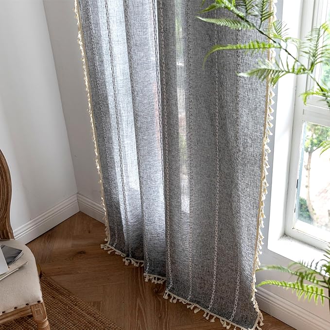 Deeprove Grey Boho Curtains 84 inches Length for Bedroom Living Room, Dark Coal Gray Bohemian 84 inches Long Embroidery Farmhouse Privacy Style Tassel Window Treatments, W52 x L84, 1 Panel