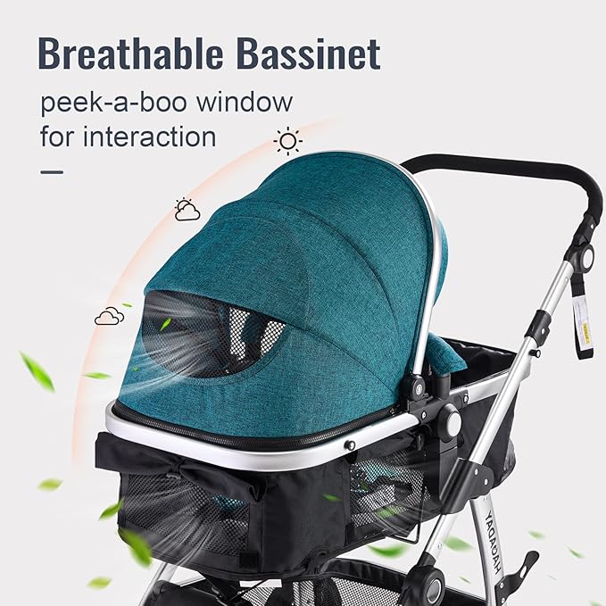 Baby Stroller, 2-in-1 Reversible Toddler Seat with Bassinet Mode, Foldable Infant Stroller with Canopy, One Button Brake, Adjustable Handle, Newborn Pushchair(Blue)